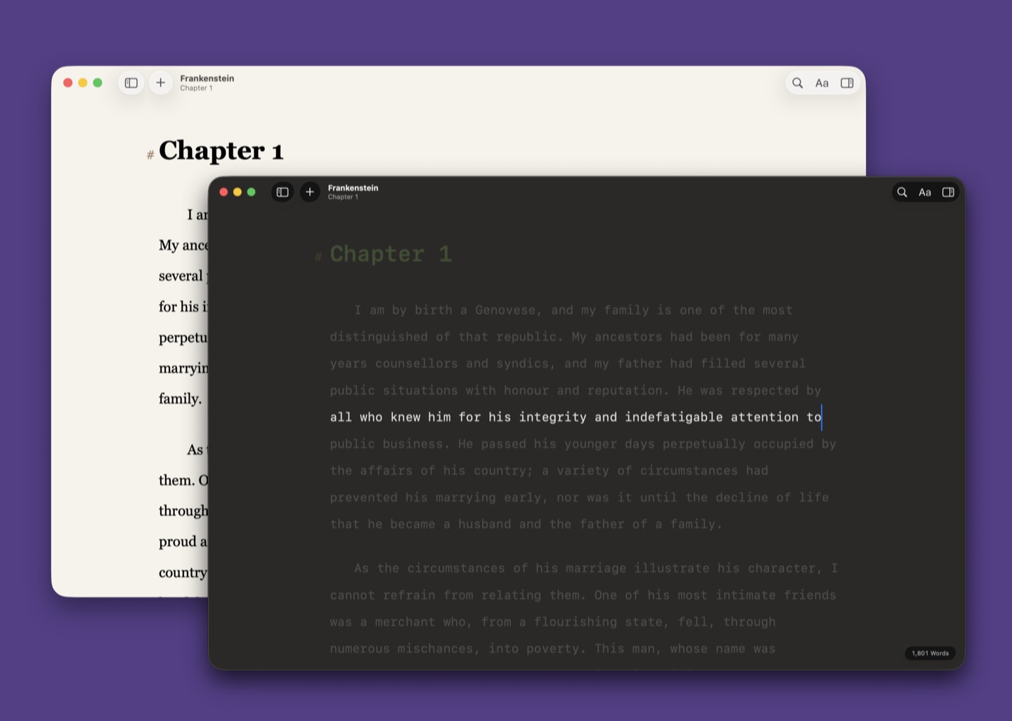 The Albatross editor in light and dark themes, open at Chapter 1 of Frankenstein