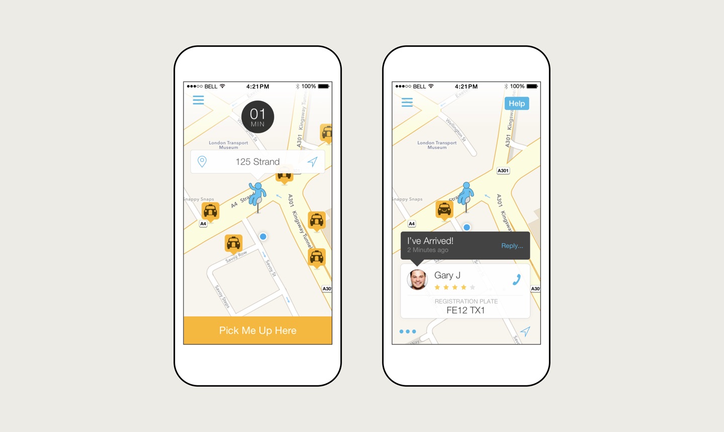 Two Hailo passenger app screens: choosing a pickup point on a map of taxis, and the driver arriving