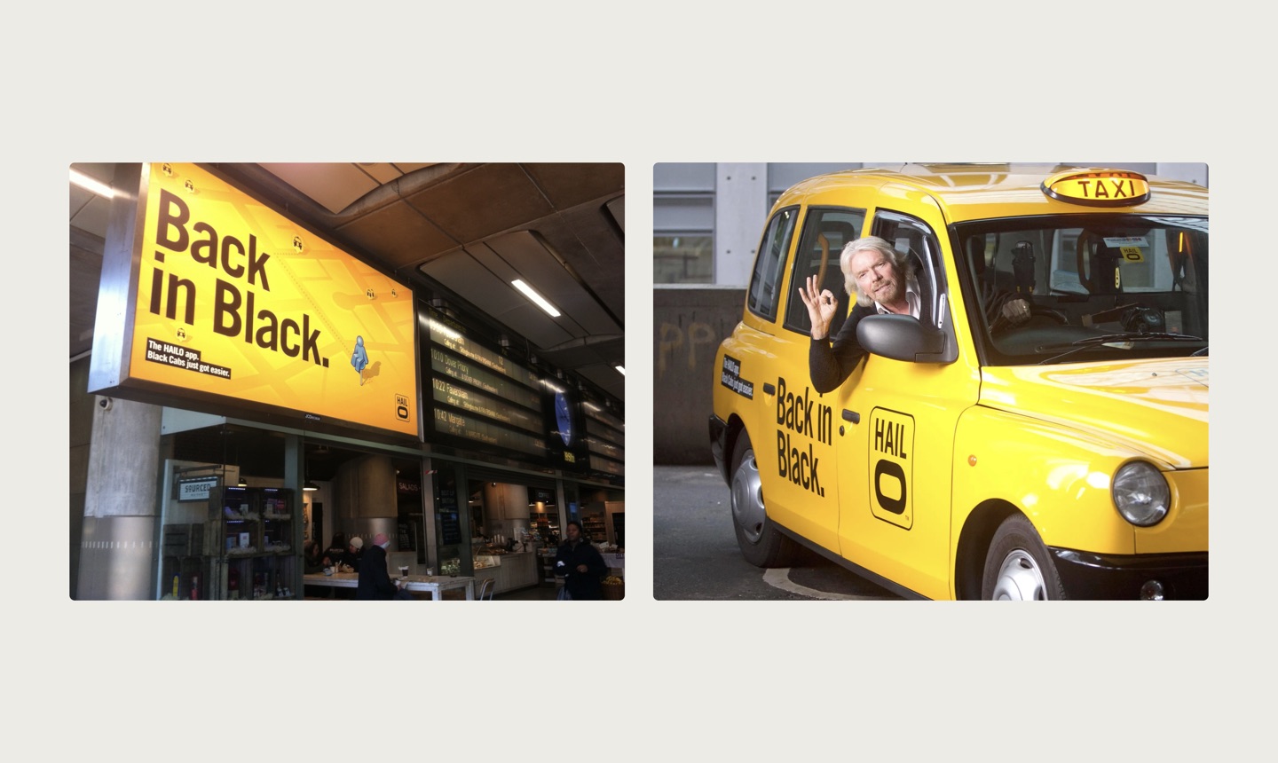 A Back in Black billboard, and a Hailo black cab with its passenger waving from the window