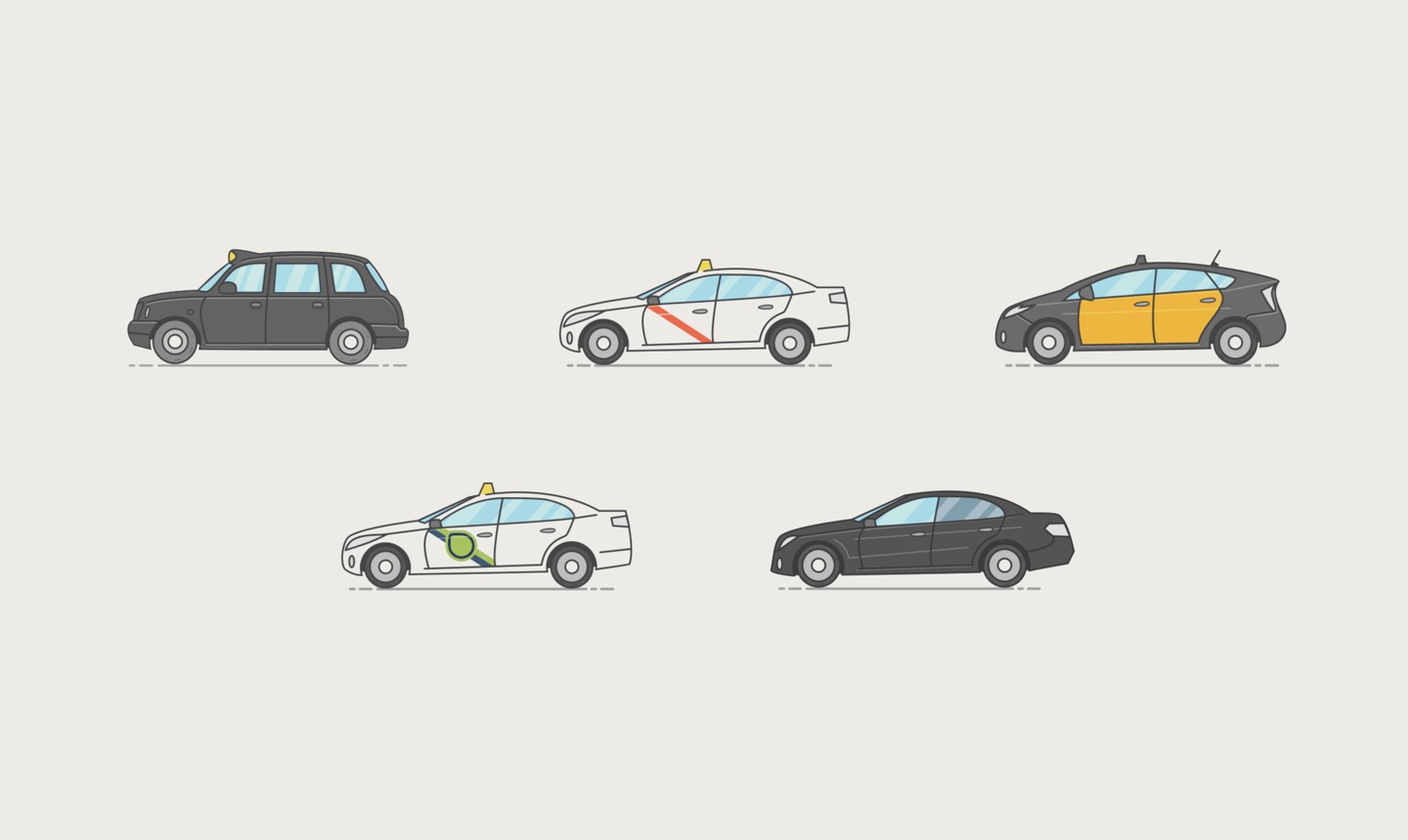 Five illustrated taxis, each in a different city’s livery