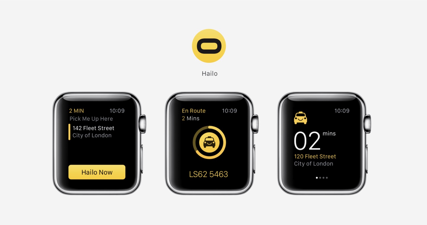 Three Hailo Apple Watch screens under the Hailo app icon
