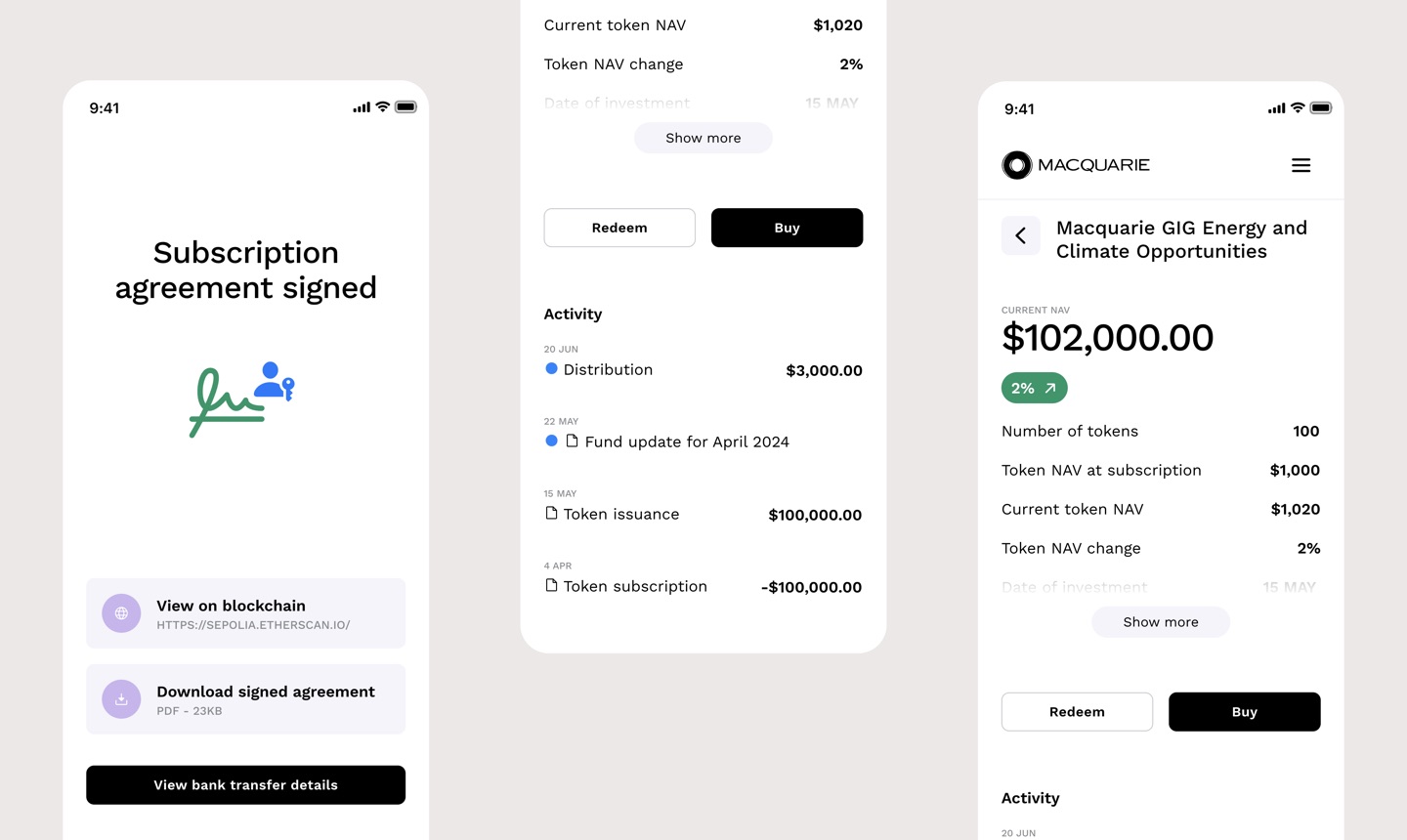 Hedgehog phone screens: a signed subscription agreement and a fund’s token details