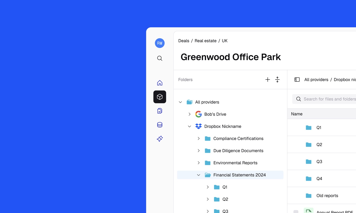 An Inveniam folder tree of files from Google Drive and Dropbox