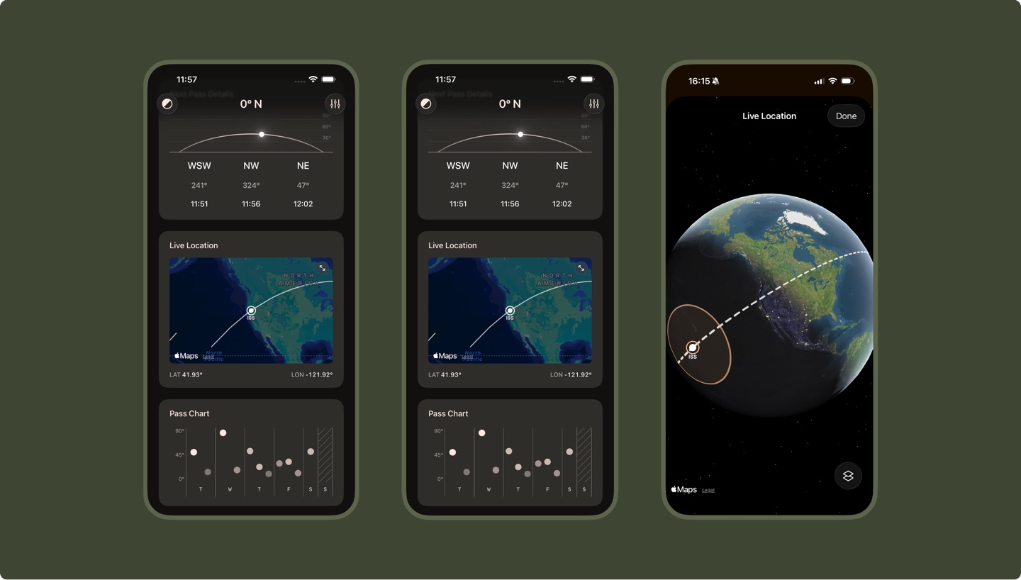 Look Up pass details and live globe screens