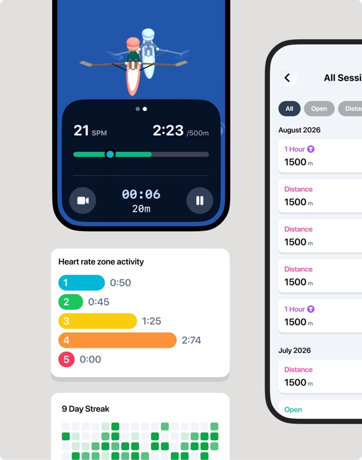 RowPal rowing, heart rate zone, and sessions screens