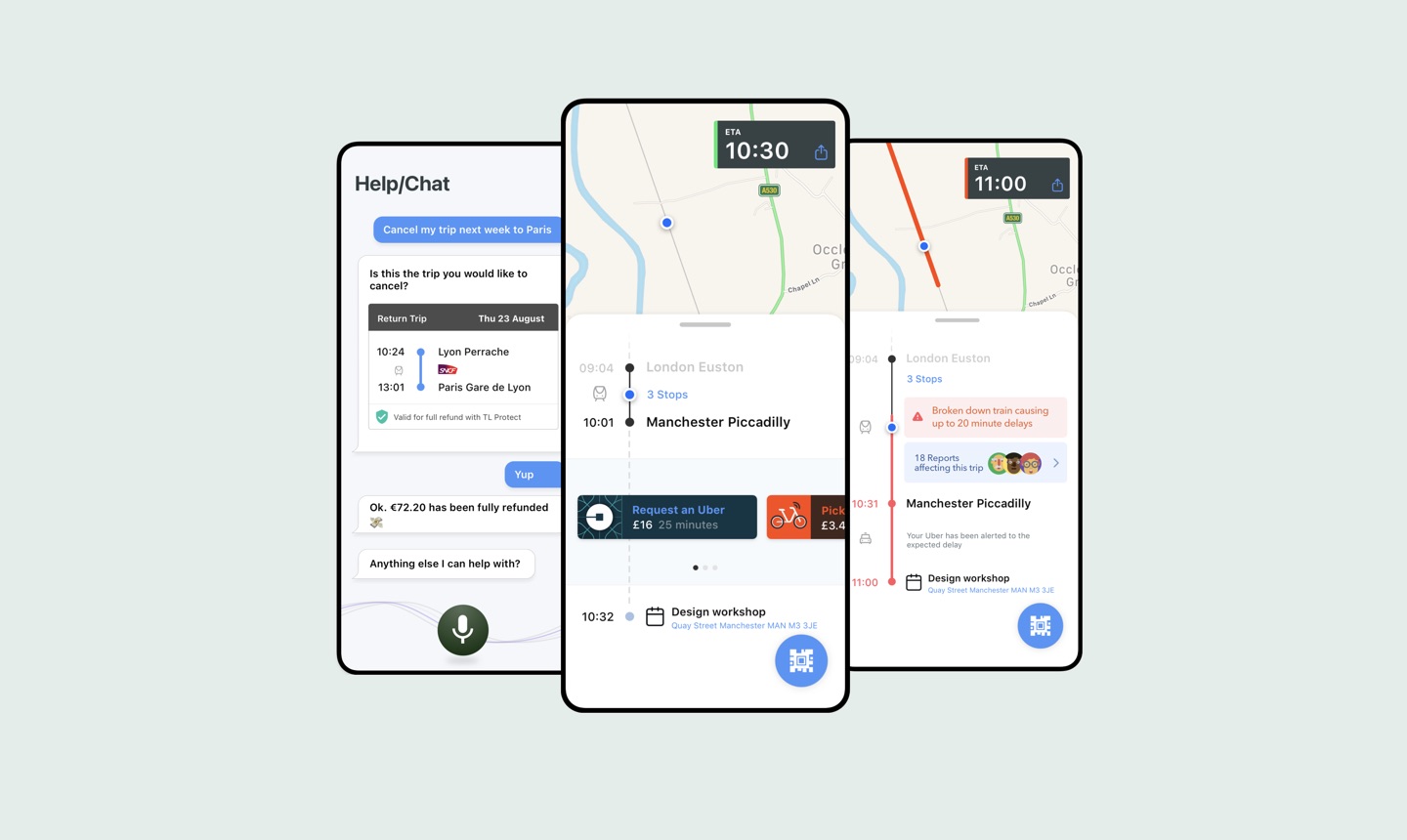 Three journey concepts: a help chat, and live train delays with onward travel options