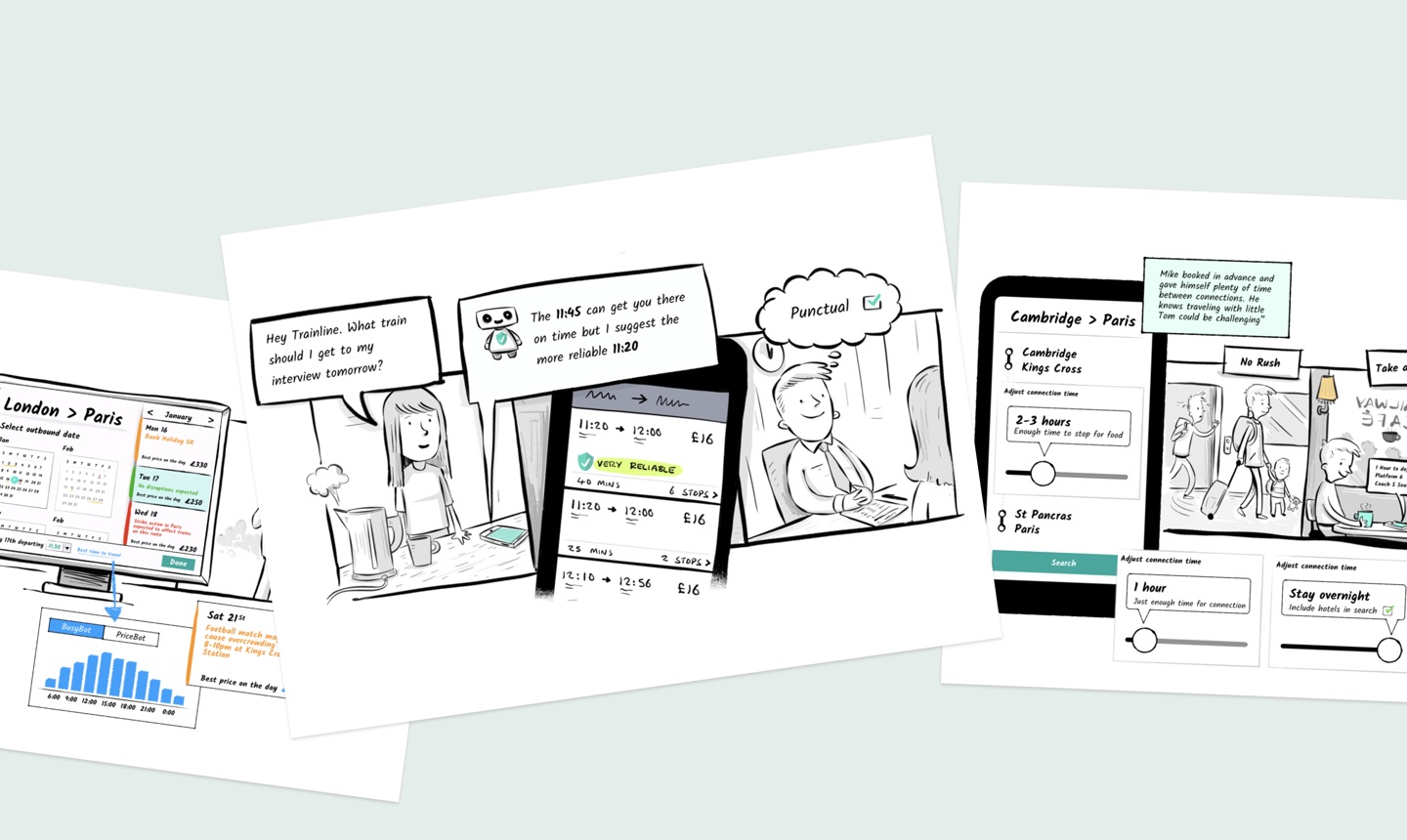 Hand-drawn storyboards of passengers planning trips with the app