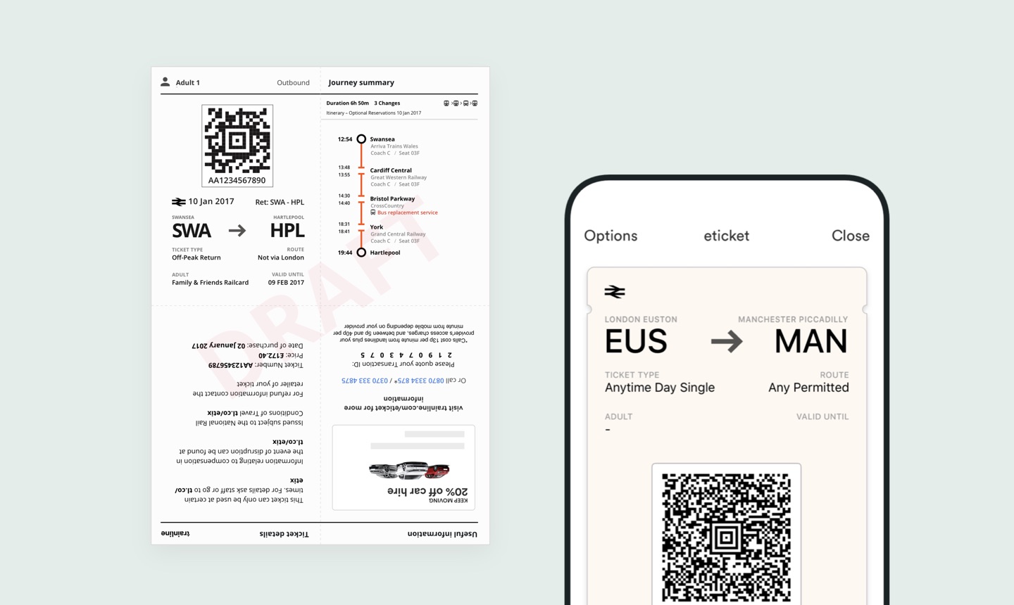 The Trainline eticket, as a print-at-home ticket and on a phone
